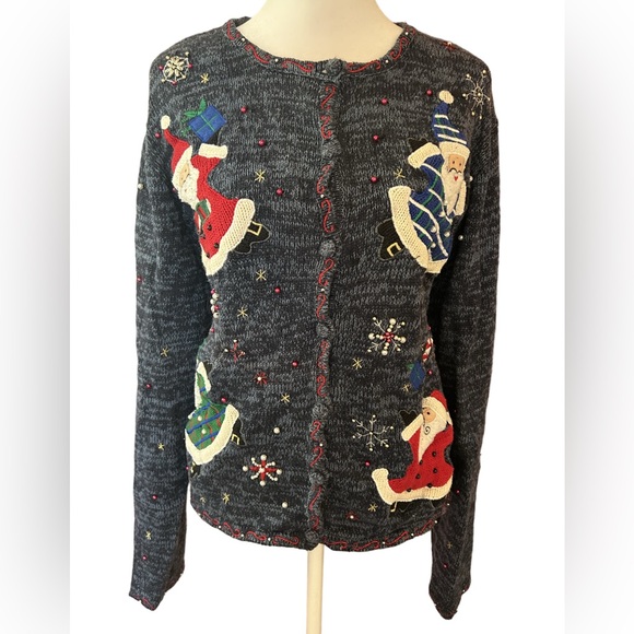 Designers Originals Sweaters - VTG 90s Y2K embroidered Santa motifs ugly Xmas sweater cardigan whimsical L